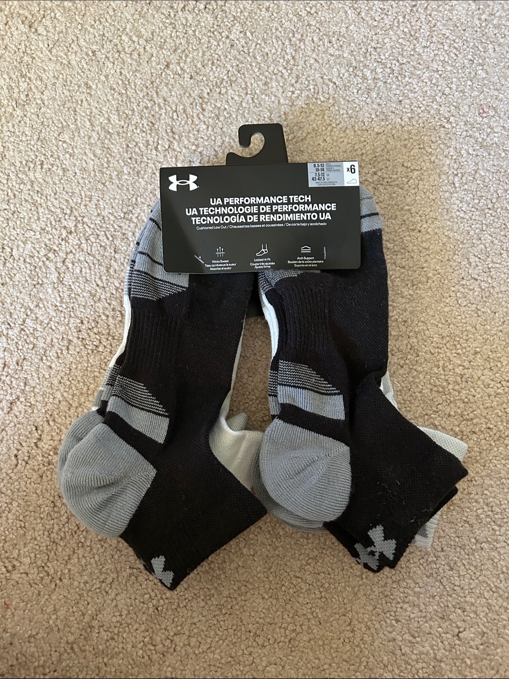 Under Armour Black/grey/white UA Performance Athletic Socks - 6 Pack Sz 8.5-13
